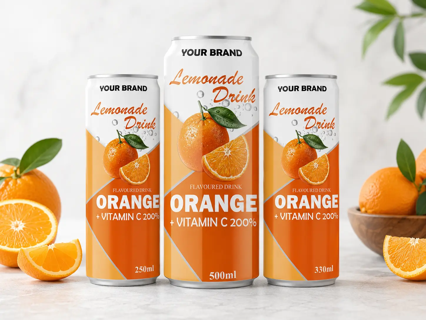 LEMONADE DRINK Orange flavored drink with Vitamin C 200% shown in 250ml, 500ml, and 330ml cans.